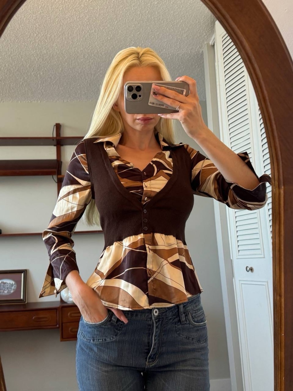 Rampage Brown and Cream Layered Button-Front Top